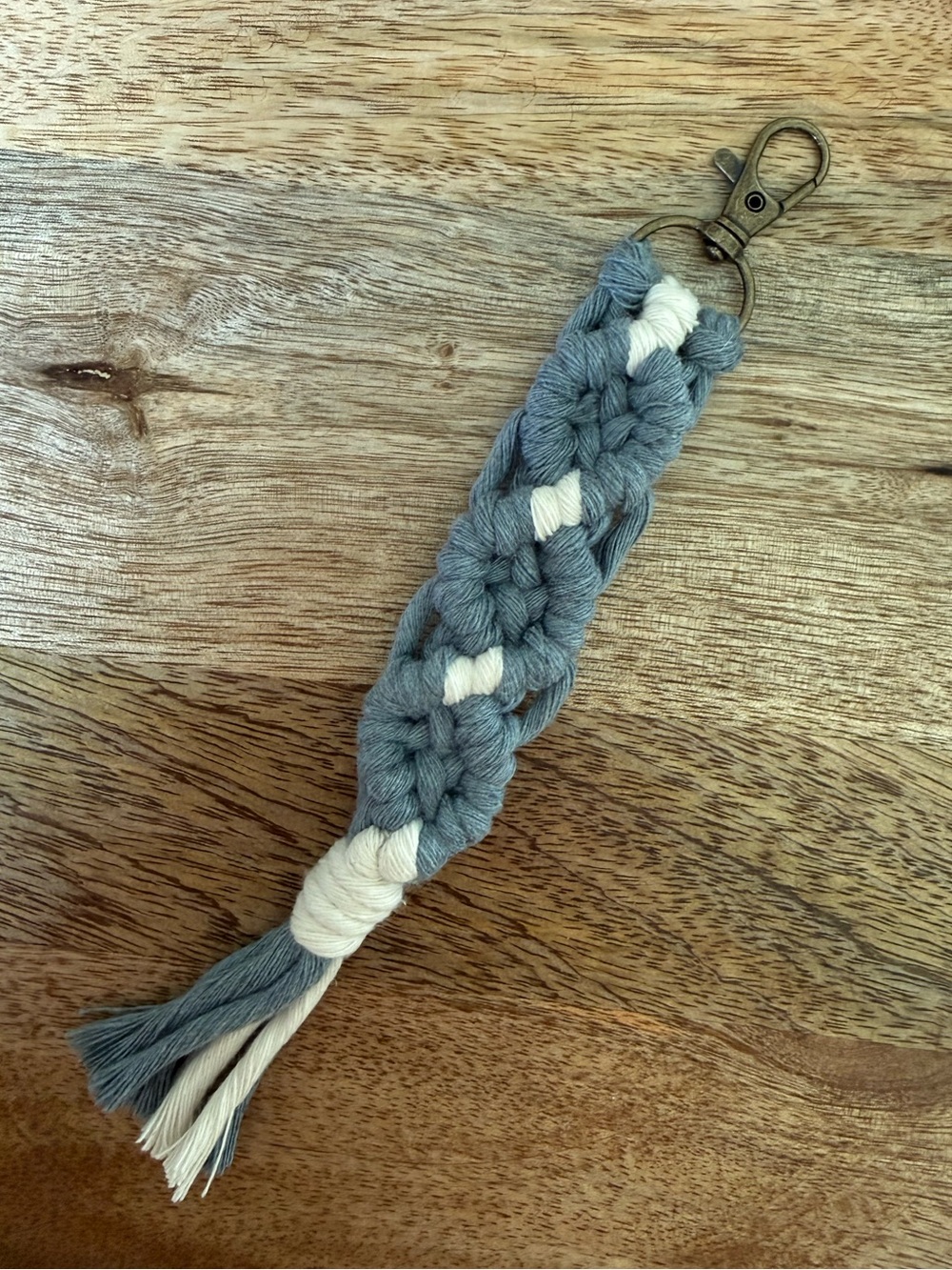 Macrame Keychain Handmade Boho, Bag Charm, Cloudy Blue and White